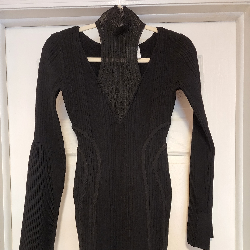 Herve Leger shear mock neck cutout bell sleeve mini rib dress.